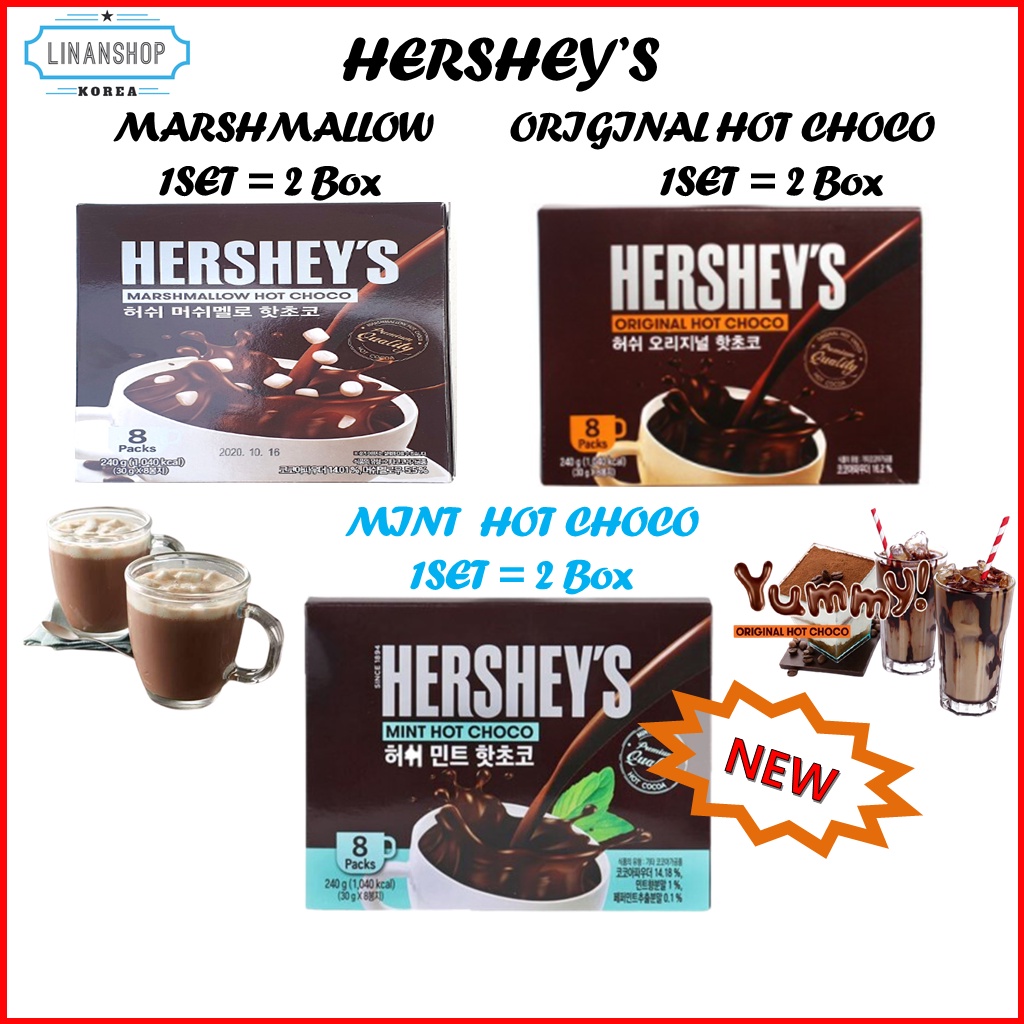 Set 2 hộp bột socola nóng HERSHEY'S 8 gói 3 loại tùy chọn Original / Marshmallow / Mint Hot Choco
