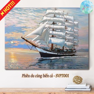 Tranh sơn dầu số hóa có khung tự tô màu theo số PHIÊU DU CÙNG BIỂN CẢ SVPT001 ( Tranh phong thủy con thuyền góc sắc màu)