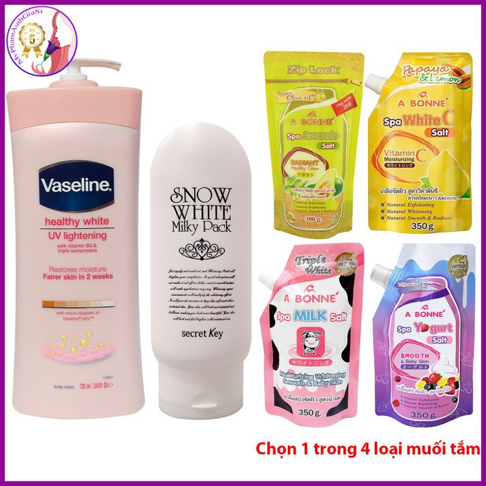 D345 GDT Dưỡng Thể VASELINE + Kem Dưỡng SNOW WHITE SECRET KEY + Muối Tẩy Tế Bào Chết A BONNE (COMBO)