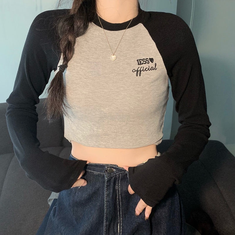 Áo Thun Lửng Tay Dài Thêu Chữ Phối Màu Tương Phản Thời Trang Cho Nữ JH-CX-91