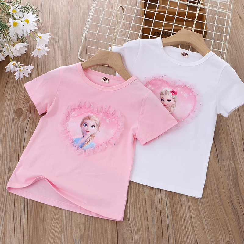 DISNEY Áo Thun Cotton Tay Ngắn Phối Ren Hình Công Chúa Băng Giá Elsa Dành Cho Bé Gái 2022 Mới 1-8 Tuổi
