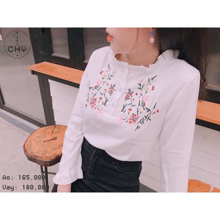 Áo kiểu trắng tay dài thêu hoa