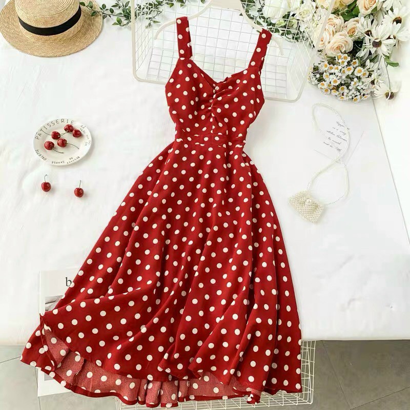 đầm hai dây voan đỏ chấm bi hai lớp có mot ngực nơ lưng thời trang nữ xịn xò m534