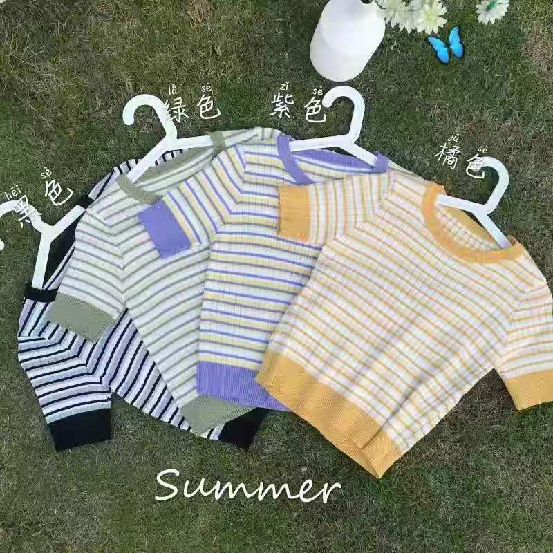 Áo thun NZN tay ngắn cổ tròn dáng rộng họa tiết kẻ sọc nhiều màu thời trang mùa hè cho nữ