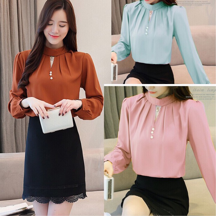 Áo kiểu cổ lọ phối nút sang trọng - nhiều size và màu, form dáng chuẩn dễ mặc công sở, dự tiệc