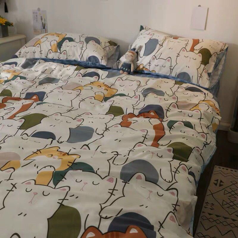 Bộ chăn ga gối cotton poly Mèo ngủ gật
