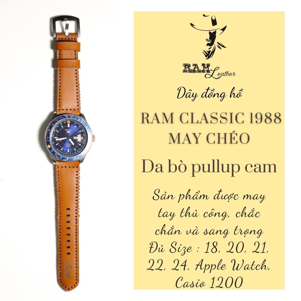 Dây đồng hồ RAM Leather vintage da bò RAM Leather 1988 màu cam may chéo