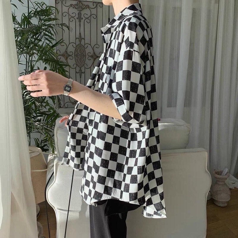 Áo Sơmi Tay Lở Unisex Caro Có Túi