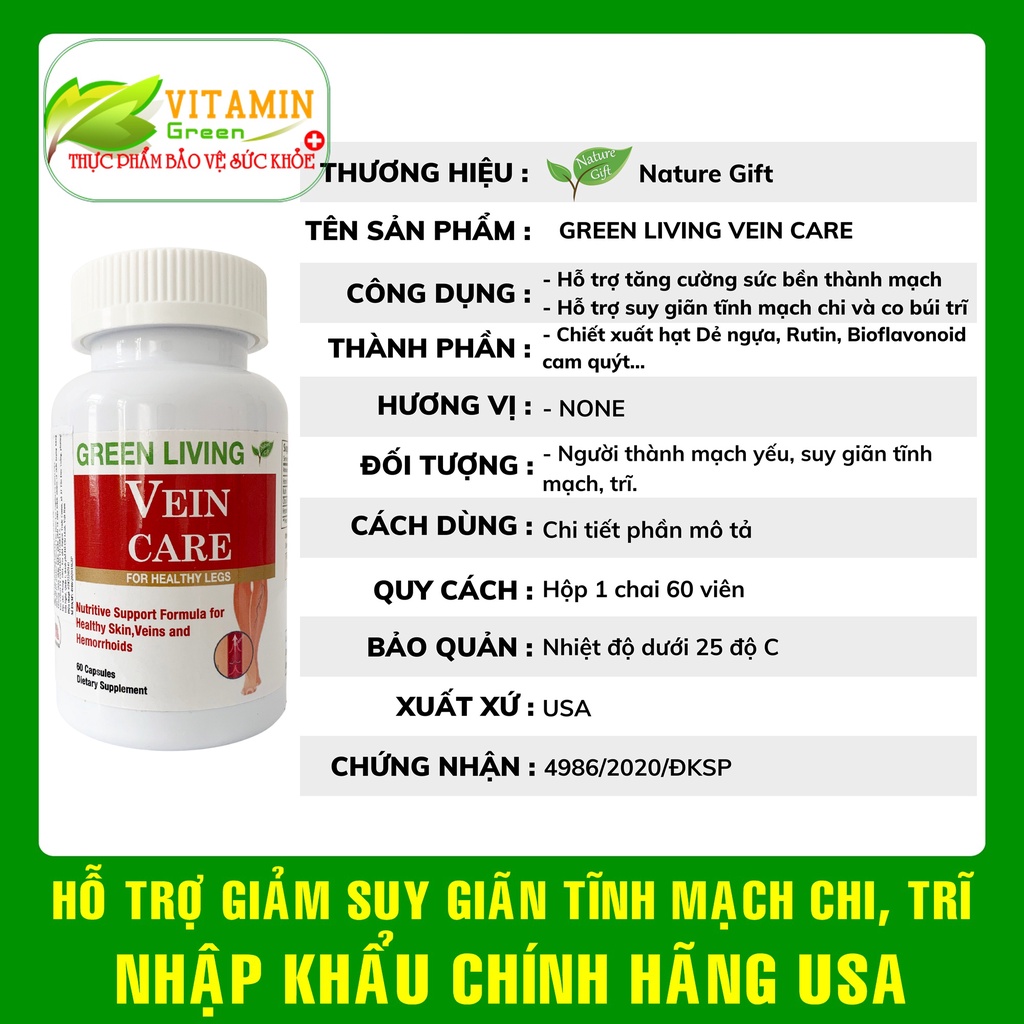 Viên uống giảm suy giãn tĩnh mạch chi và co búi trĩ GREEN LIVING VEIN CARE 60 viên | Nhập khẩu chính hãng Mỹ
