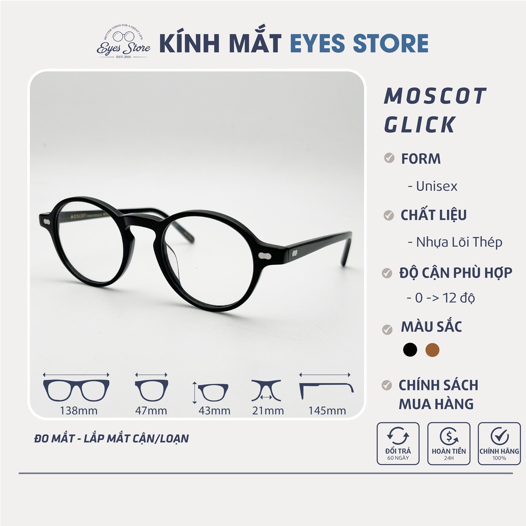 Gọng Kính Cận Nam Nữ Moscot Glick - Nhựa Lõi Thép