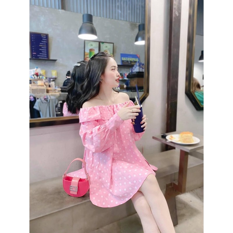 VNU216 - VÁY HỒNG CHẤM BI GIẤU QUẦN CỔ BÈO | BigBuy360 - bigbuy360.vn