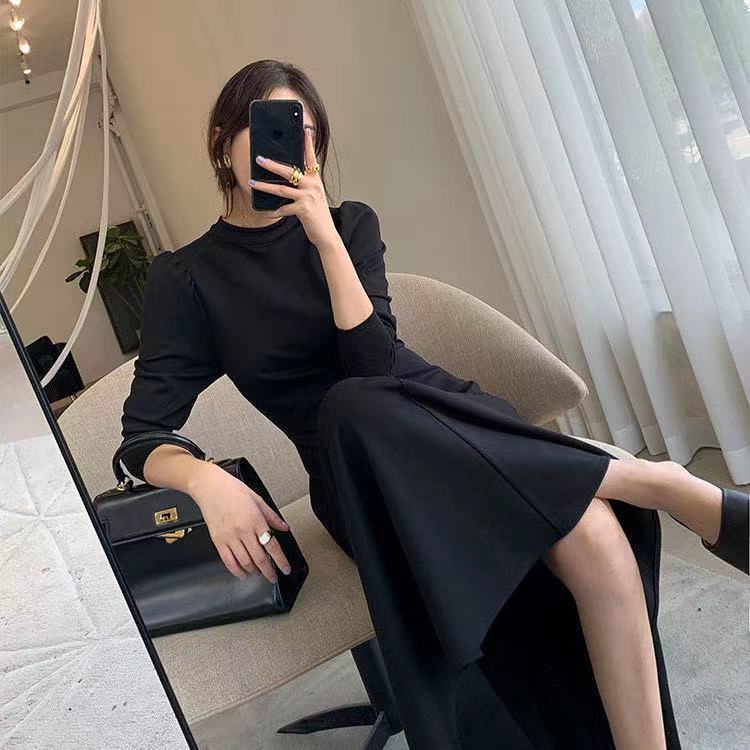 Đầm Maxi Nữ Dáng Chữ A Dài Tay Cổ Tròn Phong Cách Hàn Quốc