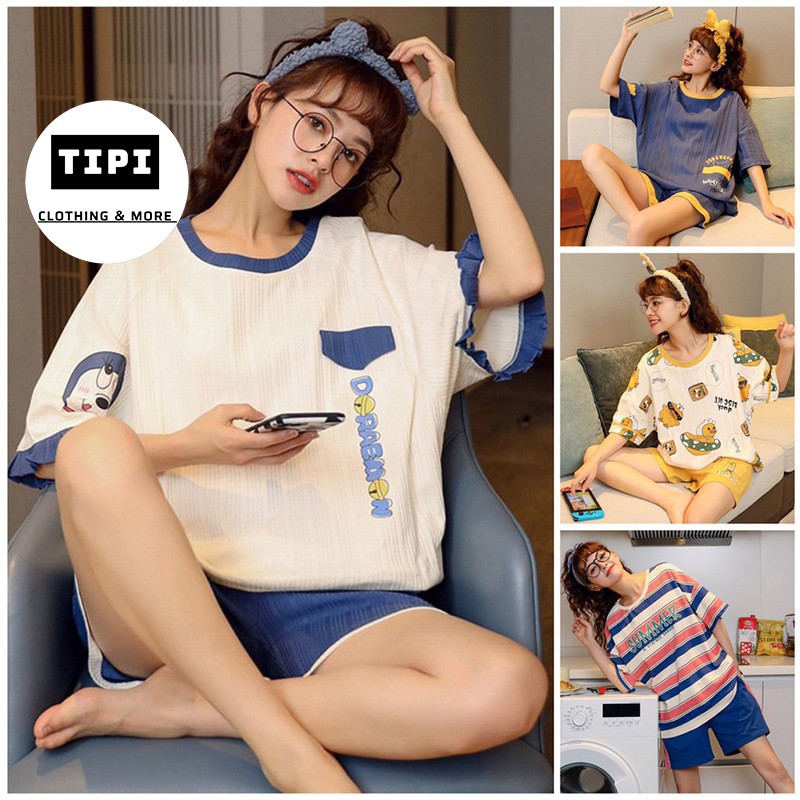 Bộ quần áo ngủ thun cotton, bộ mặc nhà chất mềm mát ngắn tay dễ thương Lovely