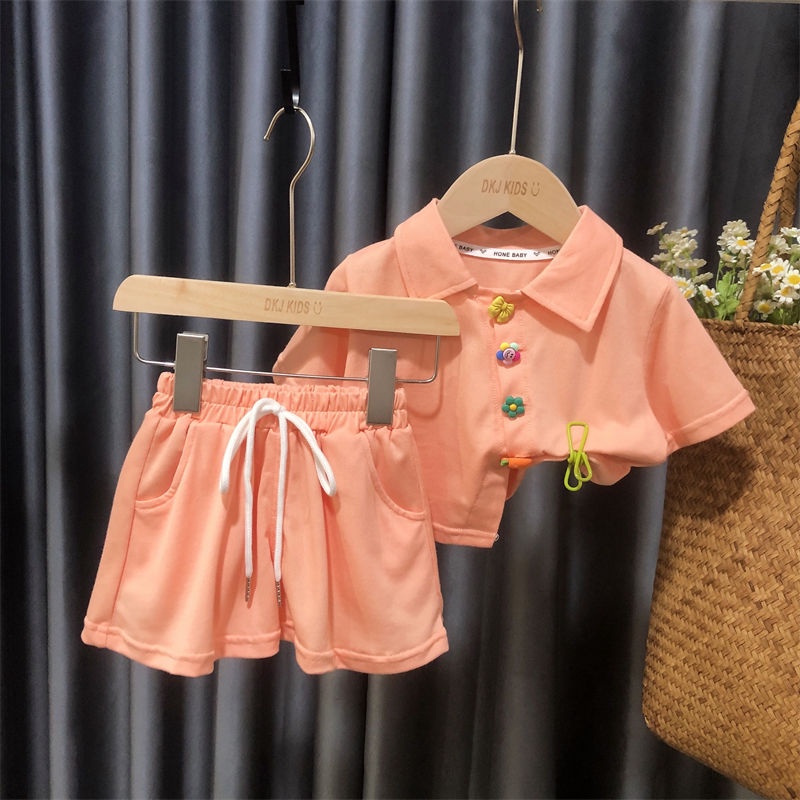 Set Áo polo Tay Ngắn Màu Trơn + Quần Short Thời Trang Mùa Hè Hàn Quốc 2023 Mới Cho Bé Gái