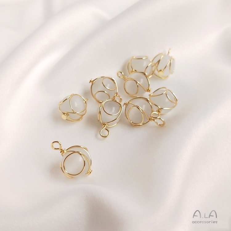 █diy゜14k●1miếng  14K bọc vàng dây đồng quanh co mèo mắt đá tròn hạt mặt dây chuyền tự làm đồ trang sức mặt dây chuyền bông tai tai treo phụ kiện