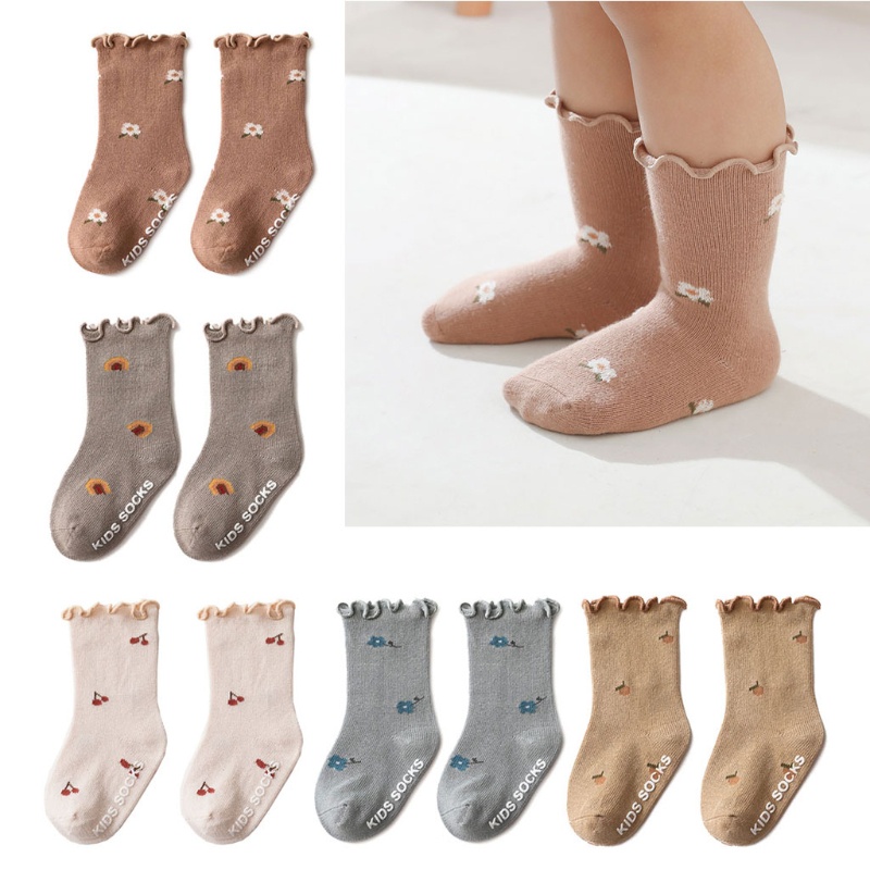 Vớ cotton mềm chống trượt in họa tiết hoa cho trẻ em