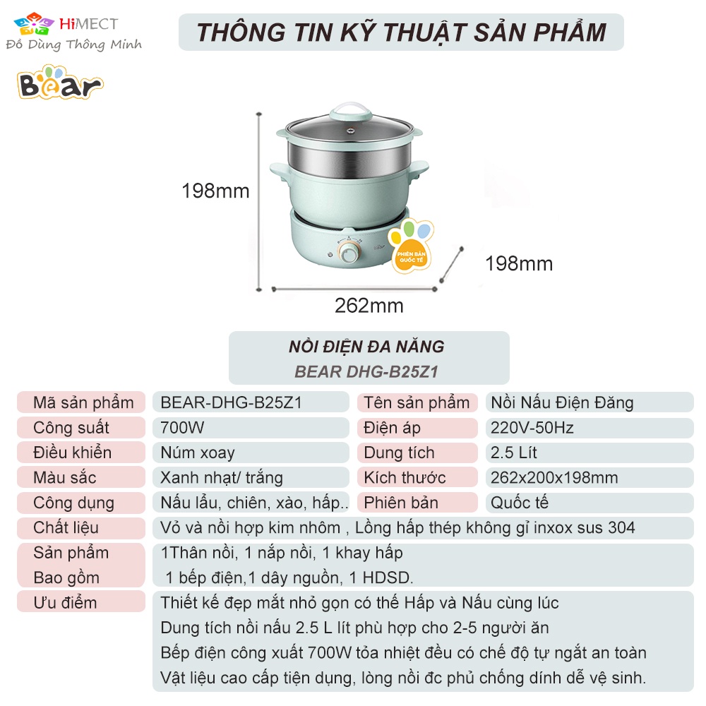 Nồi Điện Đa Năng Bear Đẹp Tiện Dụng Nấu Lẩu Hấp Chiên Xào Dung Tích 2,5 Lít Kèm Lồng Hấp Inox Bear DHG-B25Z1-Himect