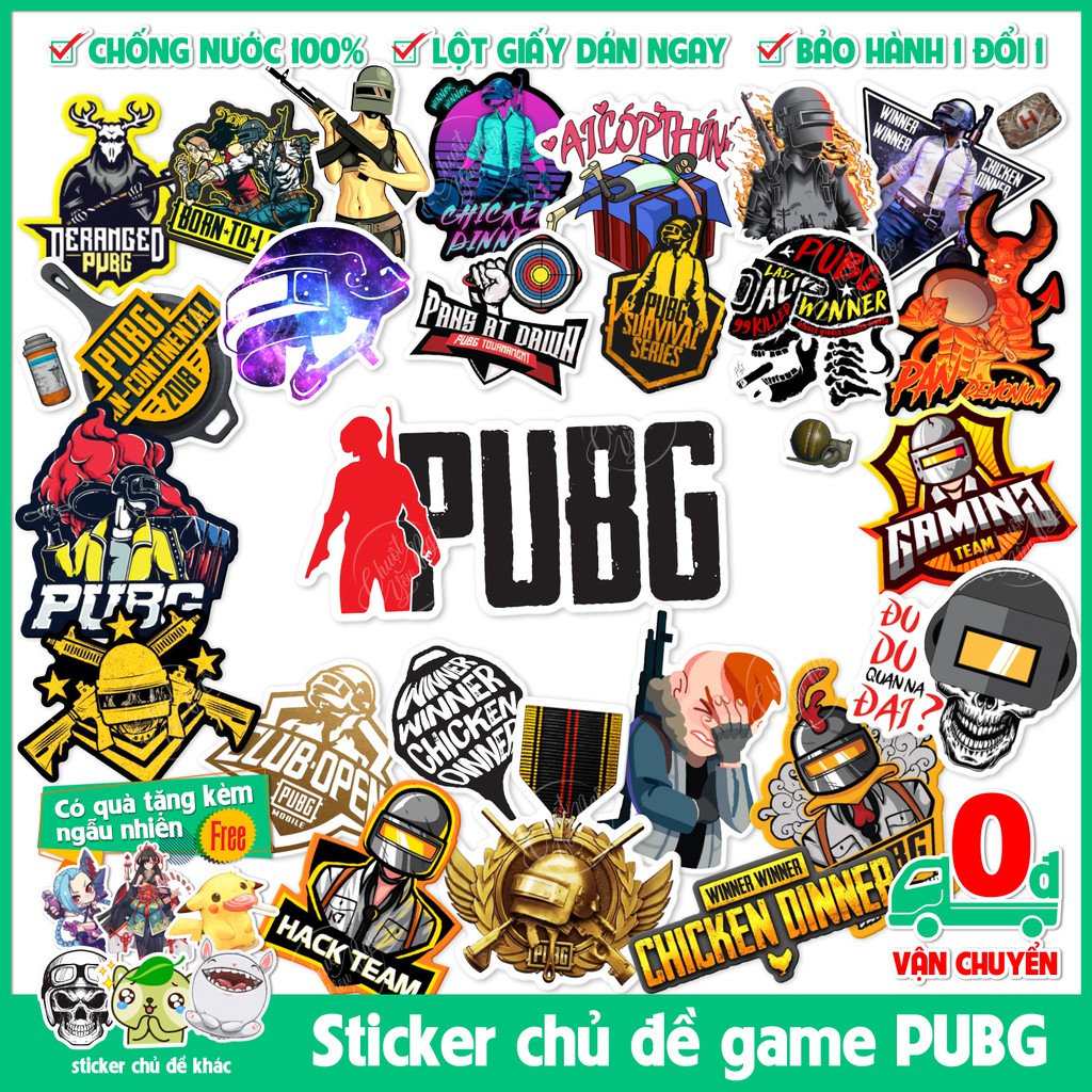 Combo 25/60/120 mẫu sticker hình dán chủ đề game PUBG chất liệu decal dán điện thoại. laptop, xe đạp,...