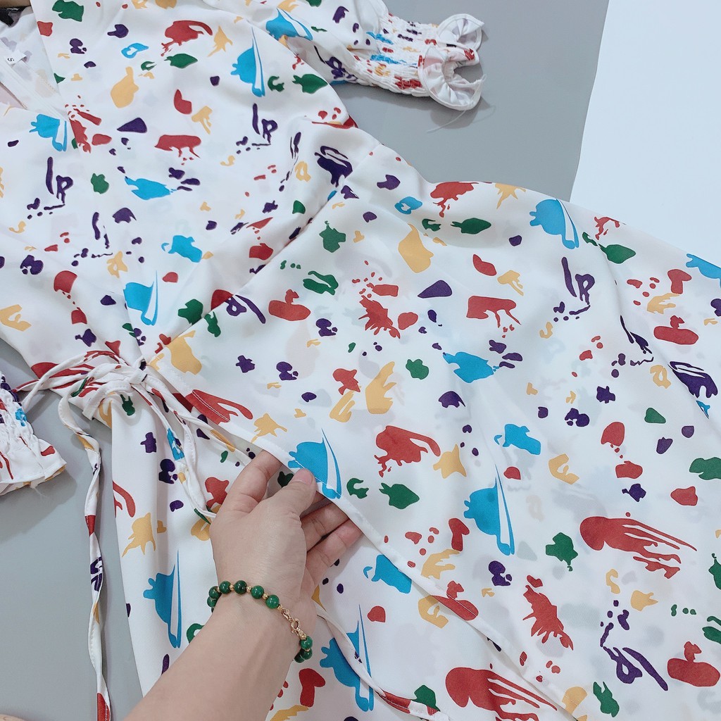 VN51 - VÁY HOA CỔ V CHÉO VẠT SẮC MÀU CHO NỮ | BigBuy360 - bigbuy360.vn