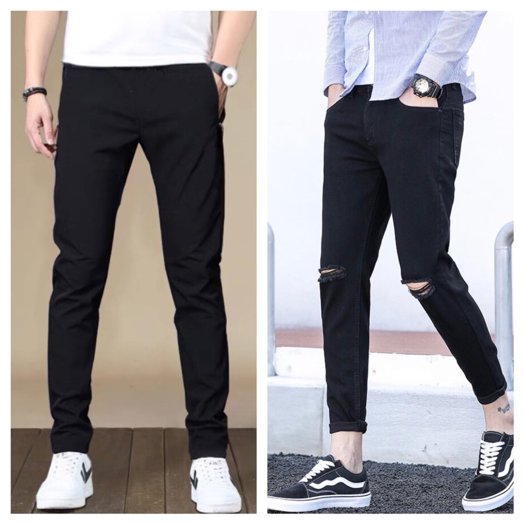 Quần jean nam đen [ Trơn & Rách gối ] ống đứng dáng slim Fit- vải jeans bò co giãn 4 chiều cao cấp