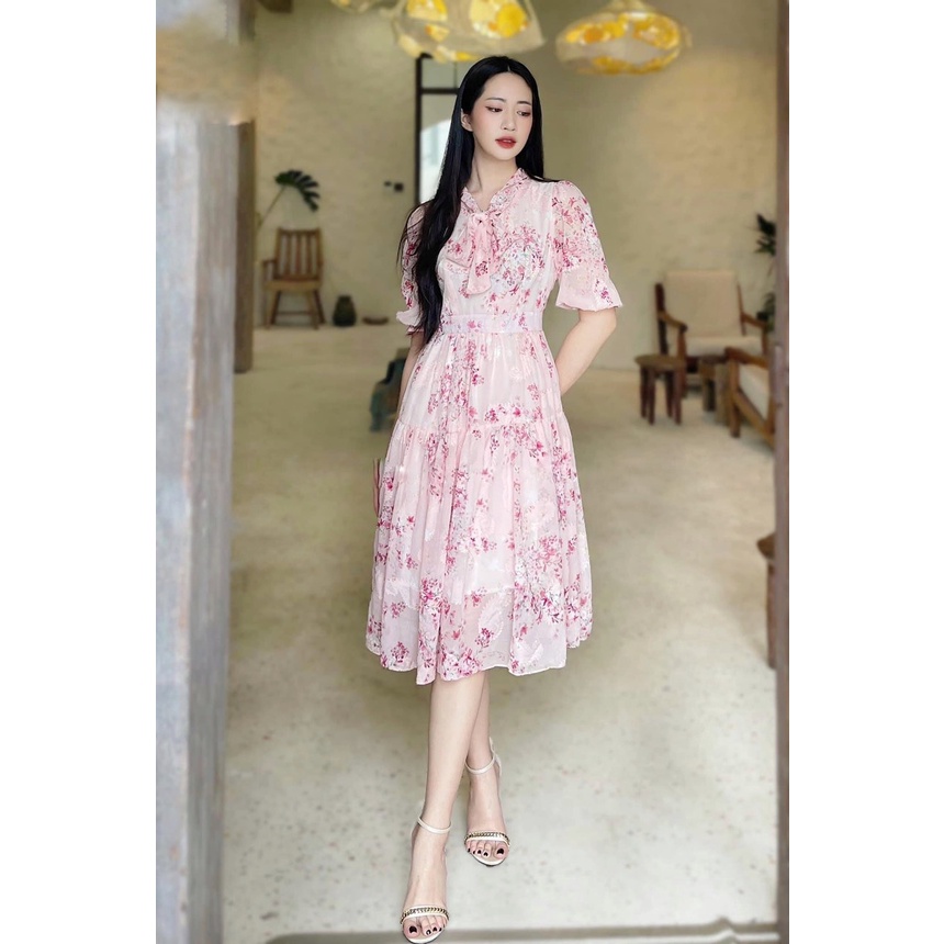 Váy hoa thiết kế tay lửng dáng xòe nơ cổ 139
