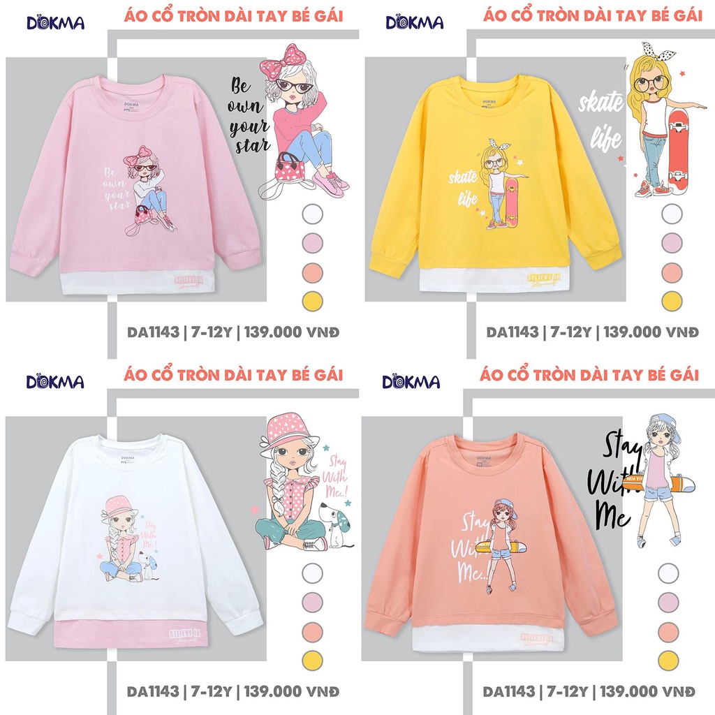 (8->12 tuổi) Áo dài tay bé gái Dokma - chất cotton hữu cơ mềm mịn, co giãn, thấm hút tốt (DA1143)