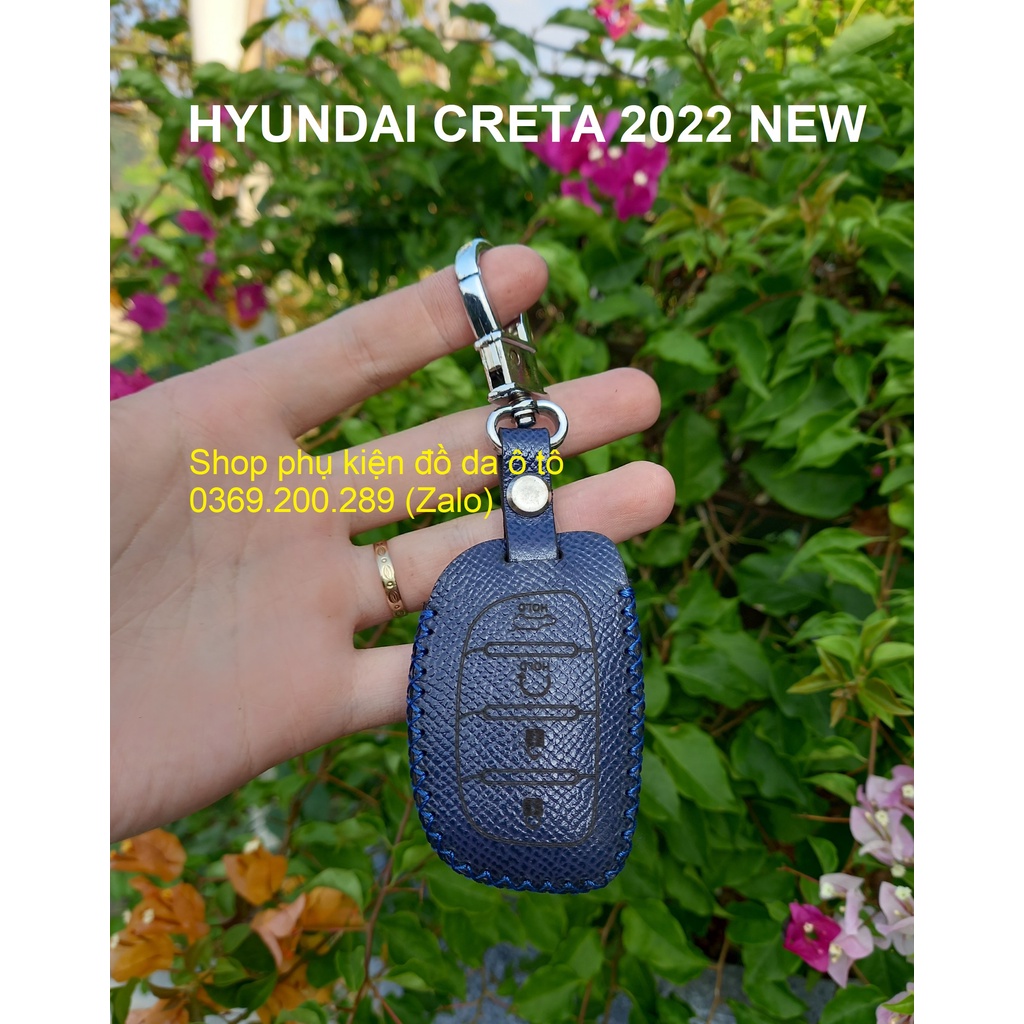 Bao da chìa khóa HYUNDAI CRETA 2022, 2023 New 4 nút ấn bằng da bò, khắc tên theo yêu cầu