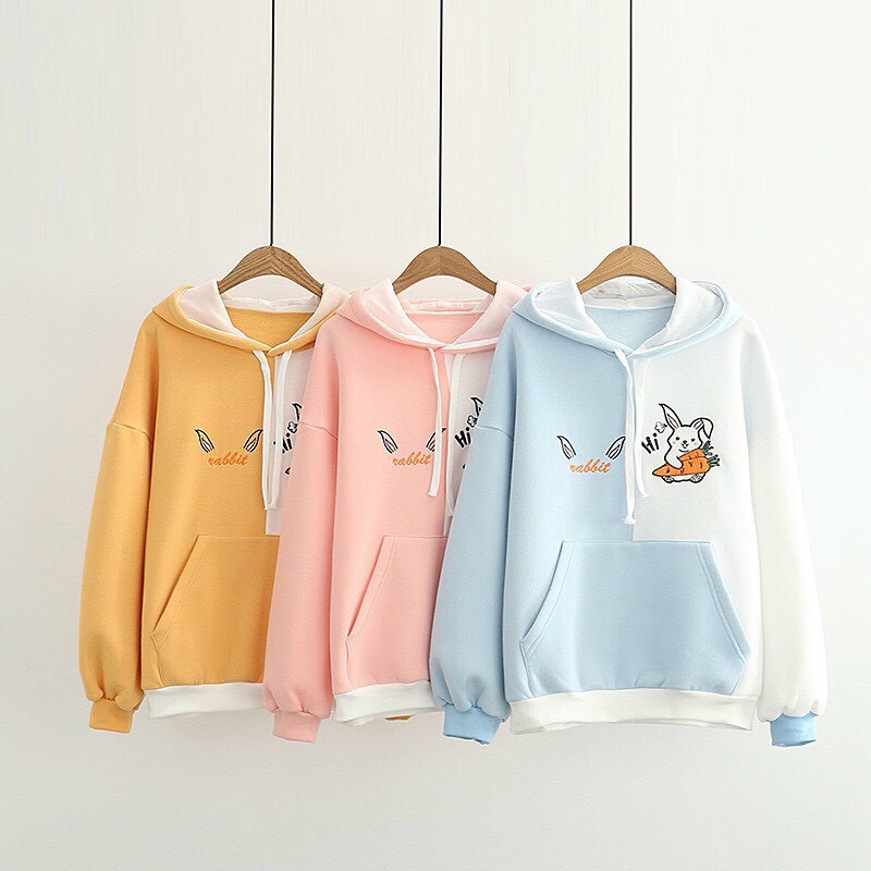 ÁO HOODIE NÓN NỮ HÀNG FREESIZE 1 CỠ FORM DÁNG RỘNG DƯỚI 65KG MẶC VỪA (TÚI BỤNG, THỎ CÀ RỐT)