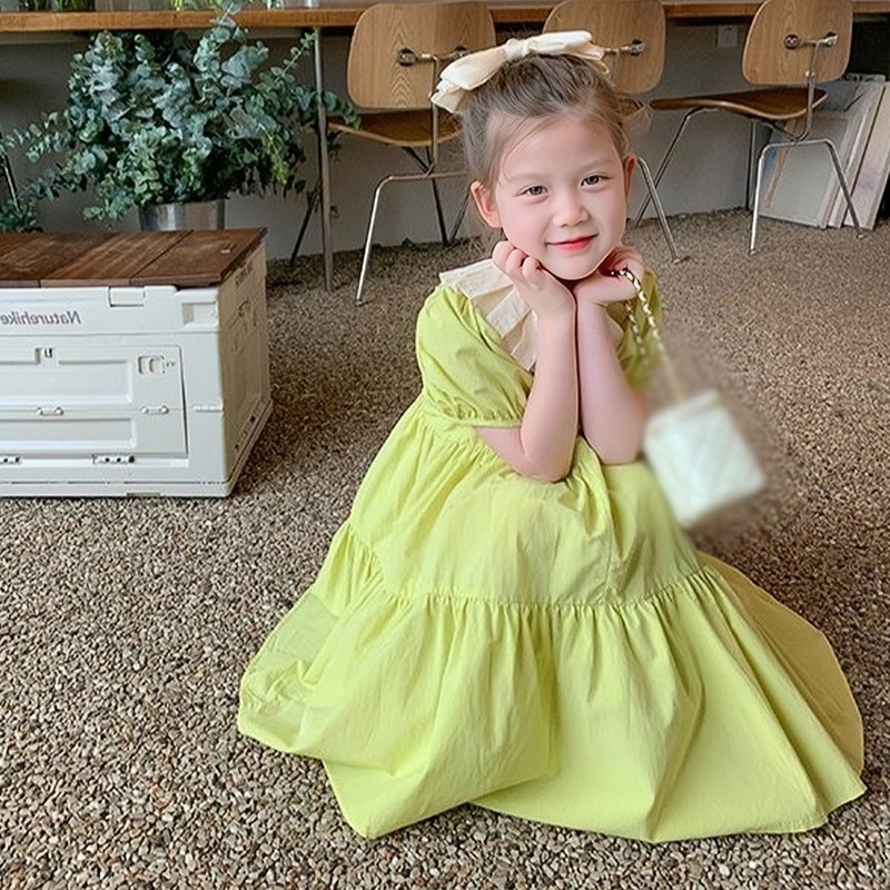 Se7en Đầm Công Chúa Mùa Hè Tay Phồng Hở Lưng Cổ Búp Bê Phong Cách Hàn Quốc Cho Bé Gái