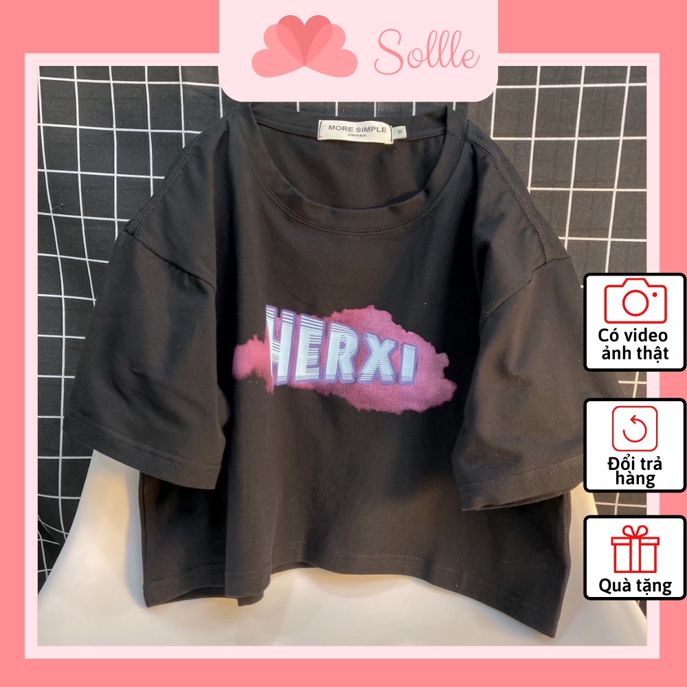 Áo croptop ngắn tay phom rộng in HERXI cotton đẹp phong cách Ulzzang Hàn Quốc Sollle