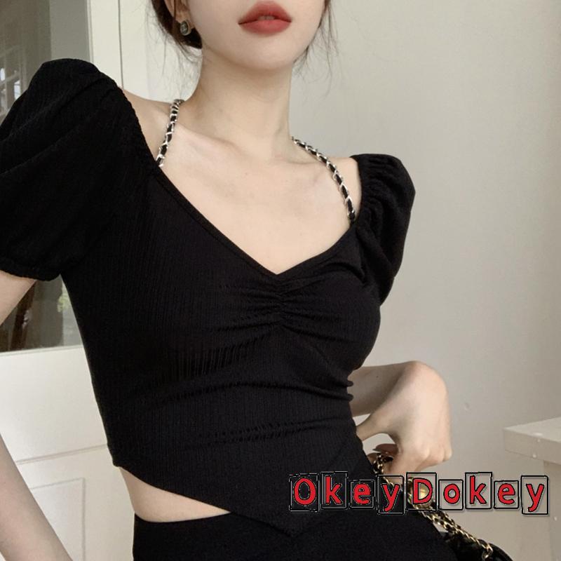 OKDK-Women´s Halter Crop Tops Short Sleeve Solid Color Back Hollow Out Slim Fit T-Shirts