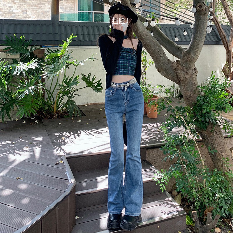 Quần jean bò nữ ống loe dáng dài cạp lưng cao trơn phong cách Ulzzang Hàn thời trang cá tính sành điệu Kozoda QJ8
