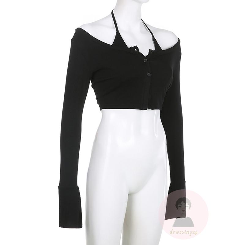 Áo Thun Croptop Tay Dài Màu Sắc Đơn Giản Phối Nút Xẻ Tà Cá Tính Cho Nữ