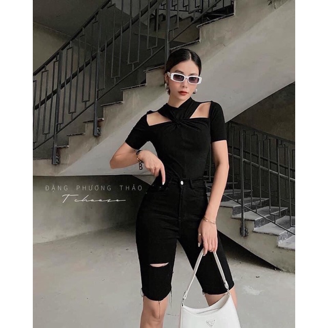 [Size 60kg đến 87kg] Ngố Giãn Rách 1 Gối 3 Màu  Đen Trơn/ Xanh Nhạt Trơn/ Xanh Đậm Trơn Lưng Cao Trên Rốn - Co Giãn Mạnh