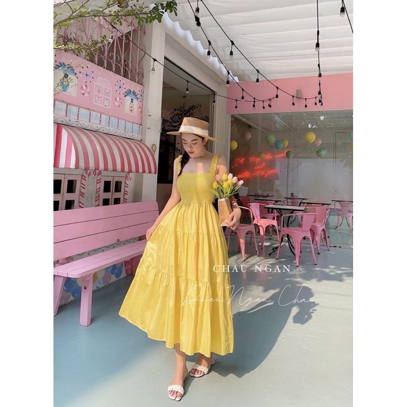Đầm maxi dây thun nhíu ngực đi biển cực xinh