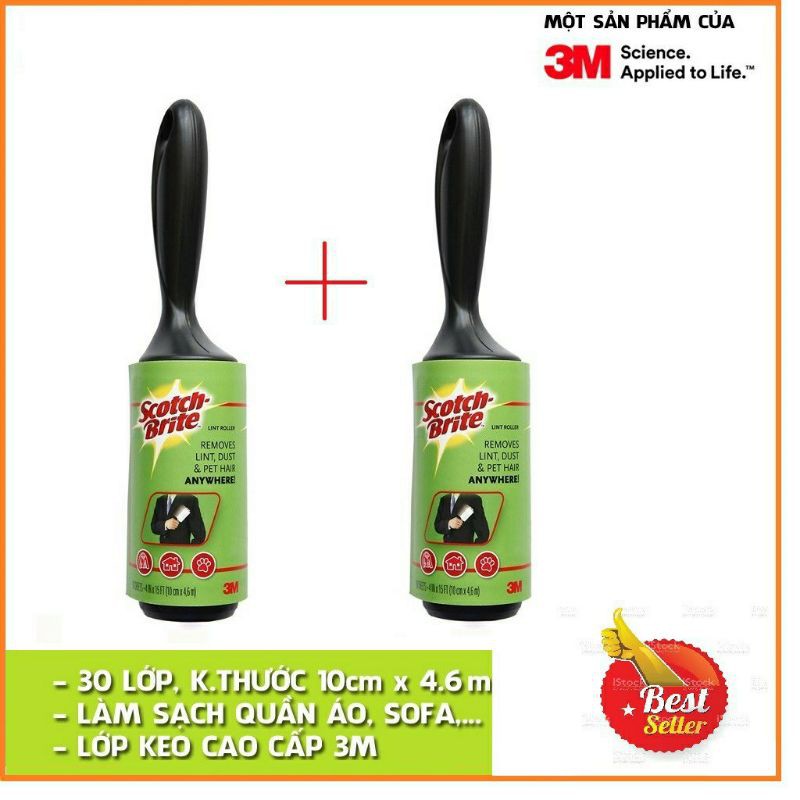 Cây lăn bụi Scotch-Brite với lớp keo dính cao cấp, phủ đều trên mặt giấy Film và thiết kế tay cầm chắc chắn hiệu 3M.