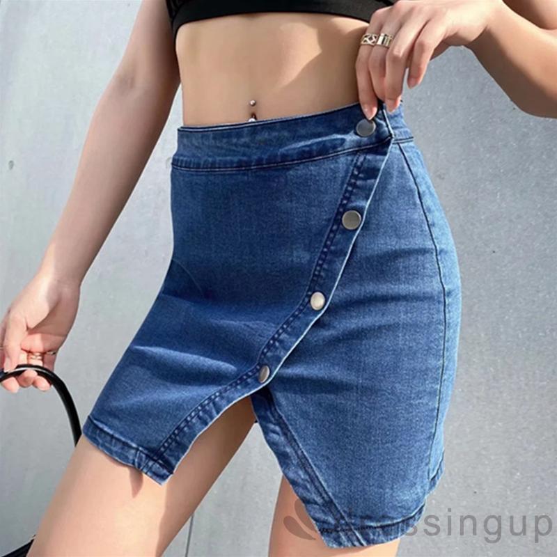 chân váy jean Chữ A Lưng Cao Đính Nút Xẻ Tà Cá Tính Cho Nữ