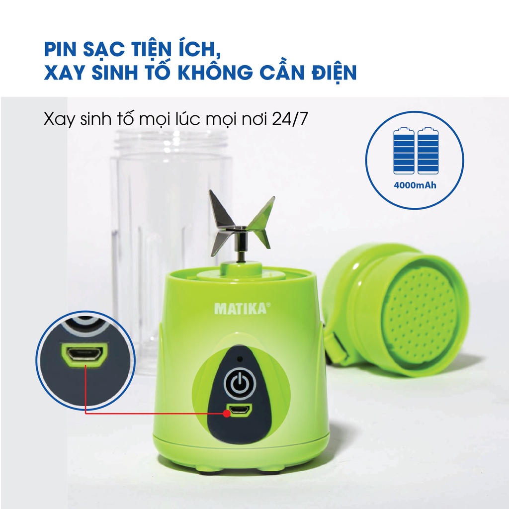 [Mã BMBAU50 giảm 10% đơn 99k] [Mã ELHA22 giảm 5% đơn 300K] Máy Xay Sinh Tố Mini MATIKA 380 ml Có Cổng Sạc USB MTK-3138