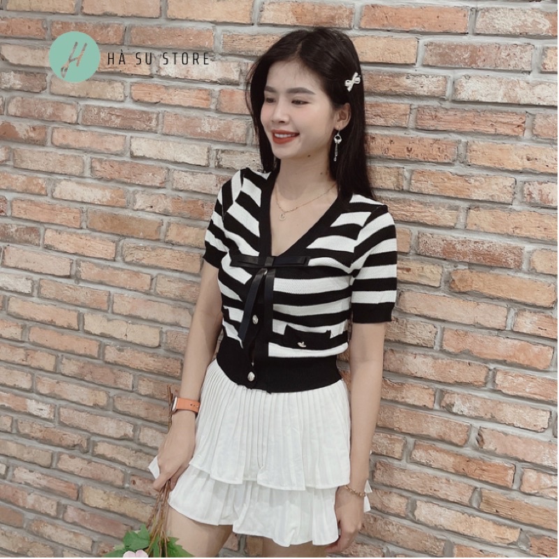 Áo Len Mongtoghi Nữ Kẻ Sọc Ngang Cộc Tay, Ngắn Tay, Cổ V Nơ Đính Ngực