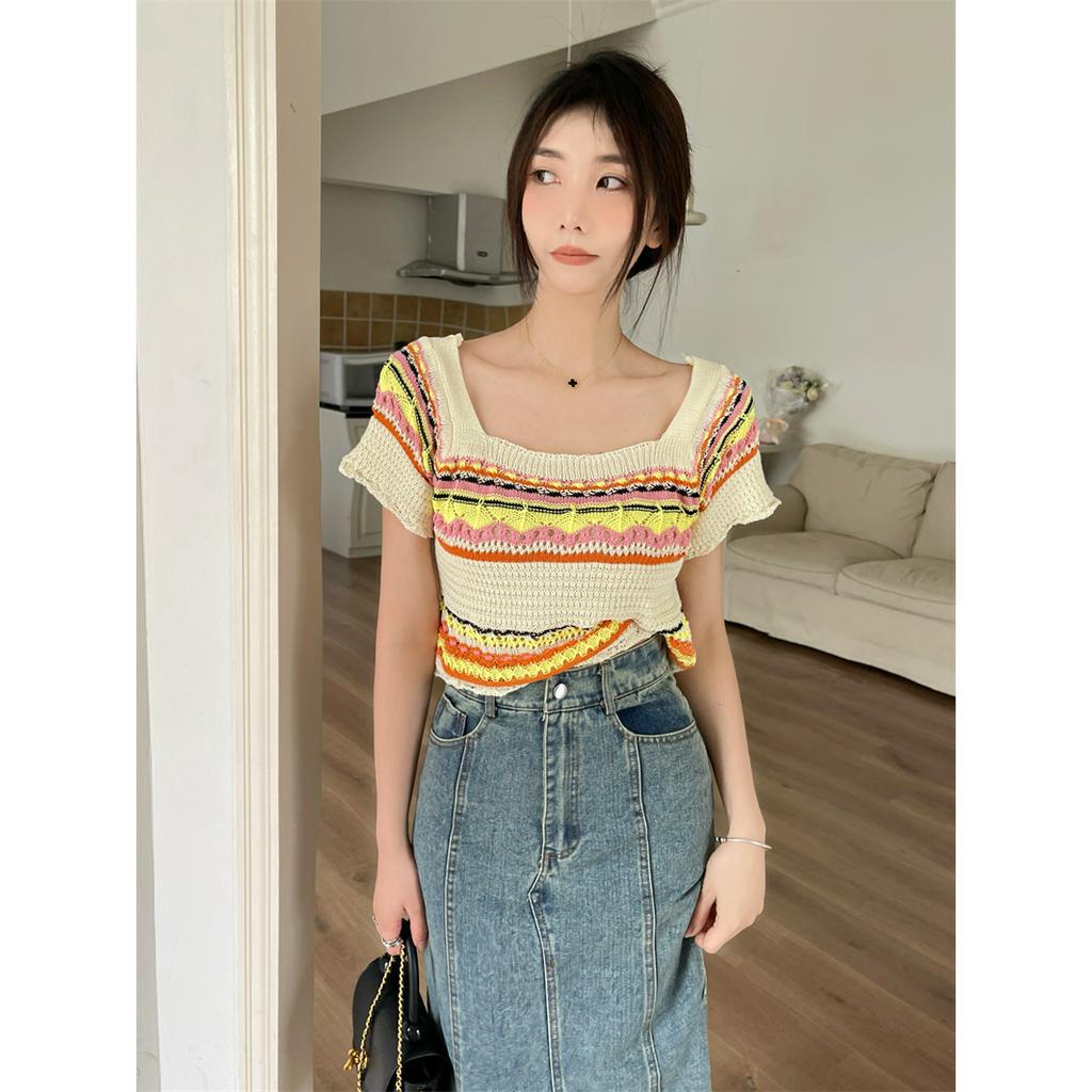 Áo Thun Croptop Dệt Kim Tay Ngắn Cổ Vuông Họa Tiết Kẻ Sọc Cầu Vồng Thời Trang Mùa Hè Mới Cho Nữ