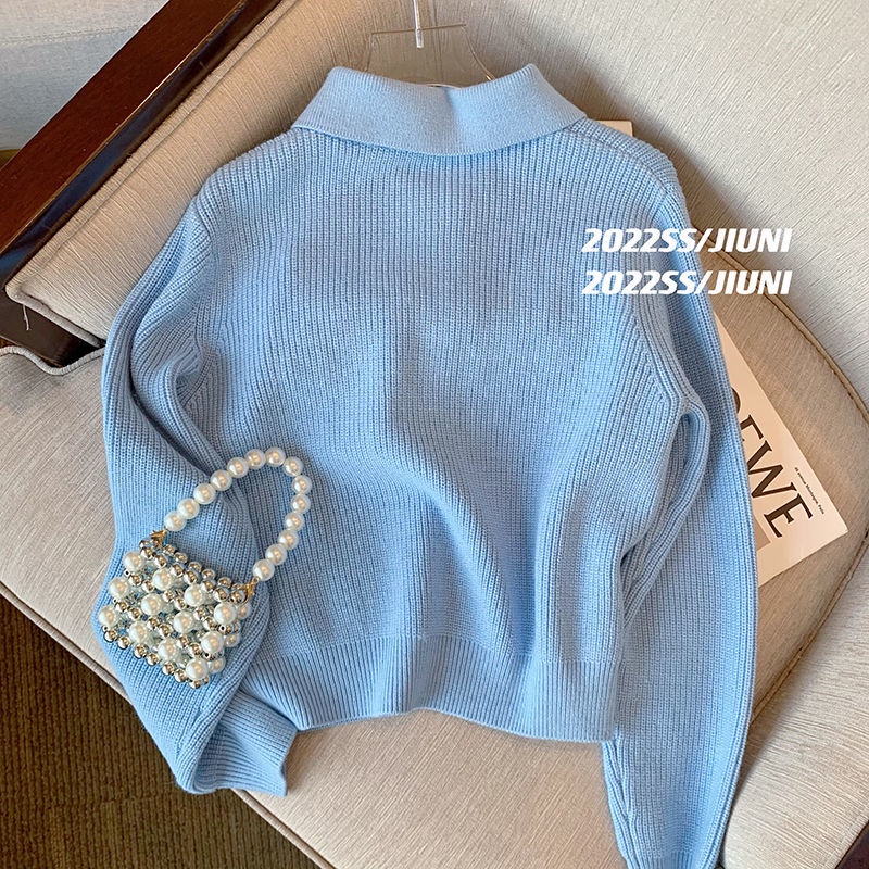 Áo Sweater Dệt Kim Cổ polo Màu Xanh Dương Phong Cách Hàn Quốc Mới Cho Nữ  tao bao