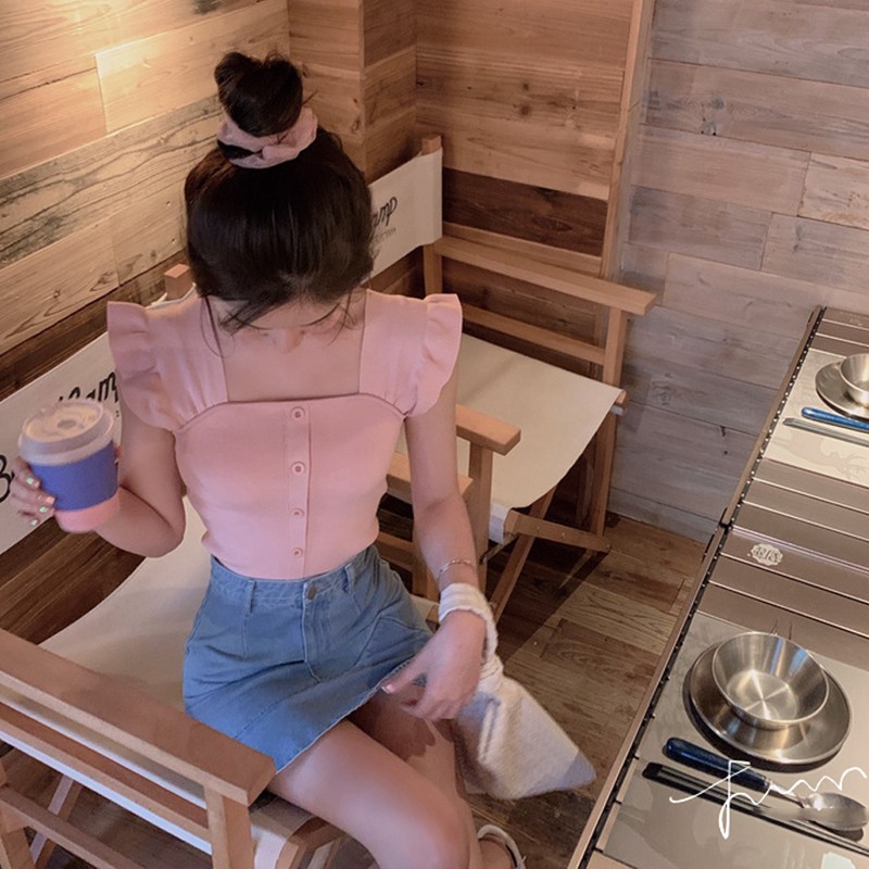 Xiaozhainv Áo dệt kim nữ tay bèo cổ vuông thiết kế một hàng nút trước