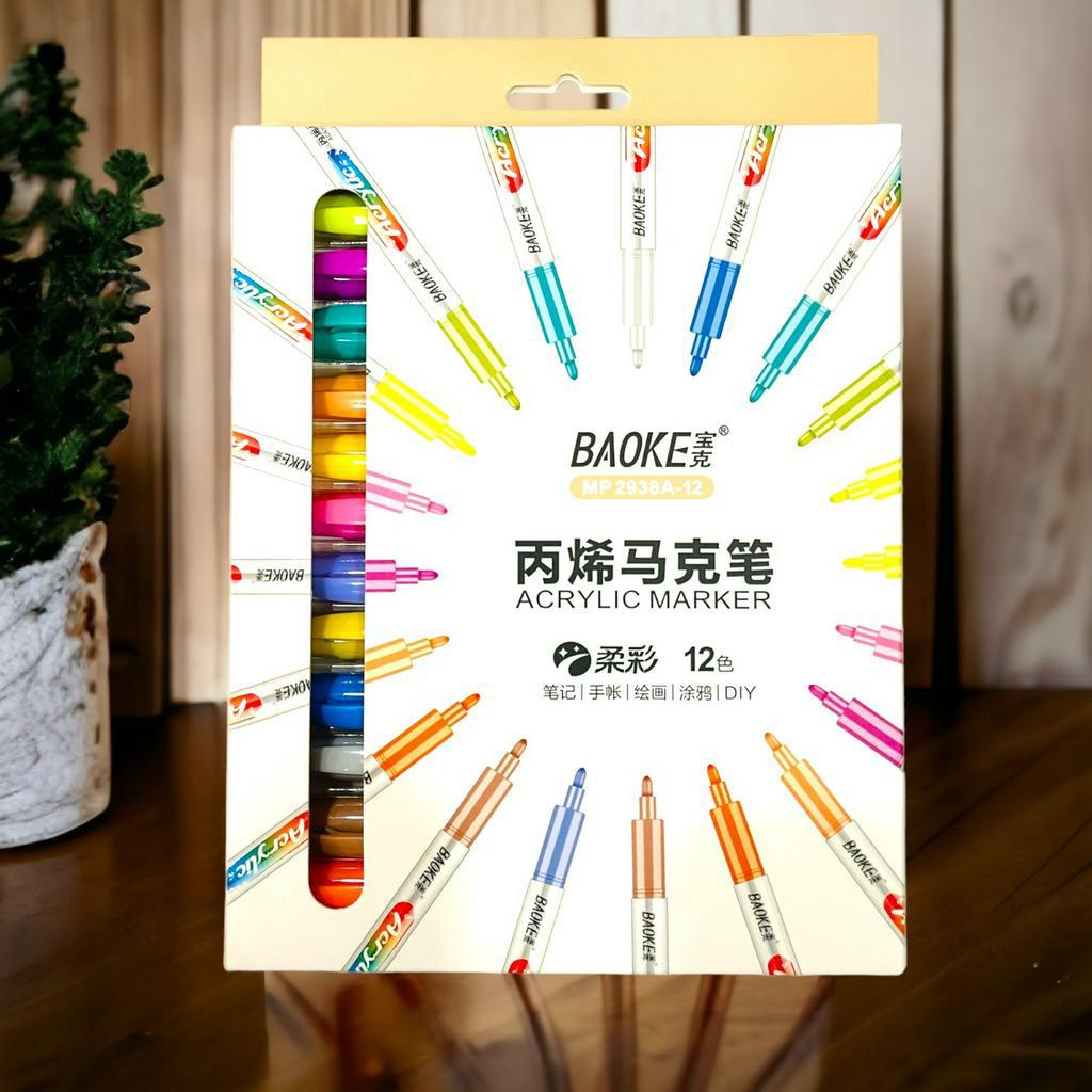 Bút acrylic 12 color Baoke MP2938 Màu Thường/ Màu Pastel Đầu lông cọ vẽ trên mọi bề mặt