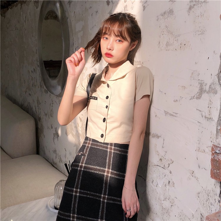 Áo sơ mi kiểu Croptop nữ Thiết kế Retro Ngắn tay Ulzzang Hàn Quốc Áo Sơ mi Cộc kiểu Nữ Croptop Tay Ngắn Thời trang