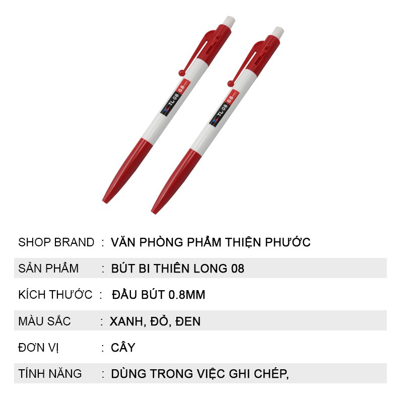 Bút bi Thiên Long TL-08 nhiều màu, đầu bút 0.8mm cho nét bút đậm đẹp THIỆN PHƯỚC