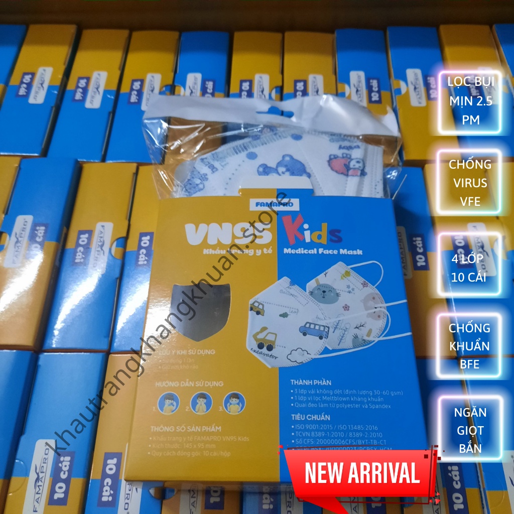 Khẩu trang N95 cho bé, Khẩu trang Famapro cho bé, 4 lớp, dễ đeo, ôm sát, hoa văn (Hôp 10 cái)