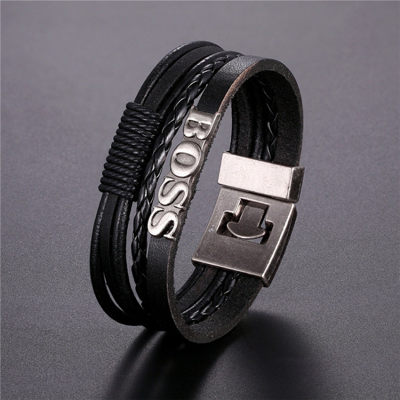 Vòng Tay Da Nhiều Lớp Mặt Chữ Boss Phong Cách Retro