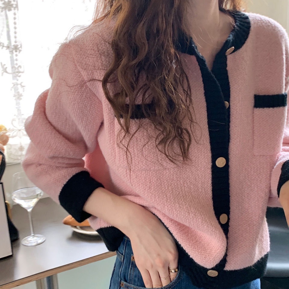 Áo khoác sweater mềm mại phối màu phong cách Pháp thời trang cho nữ