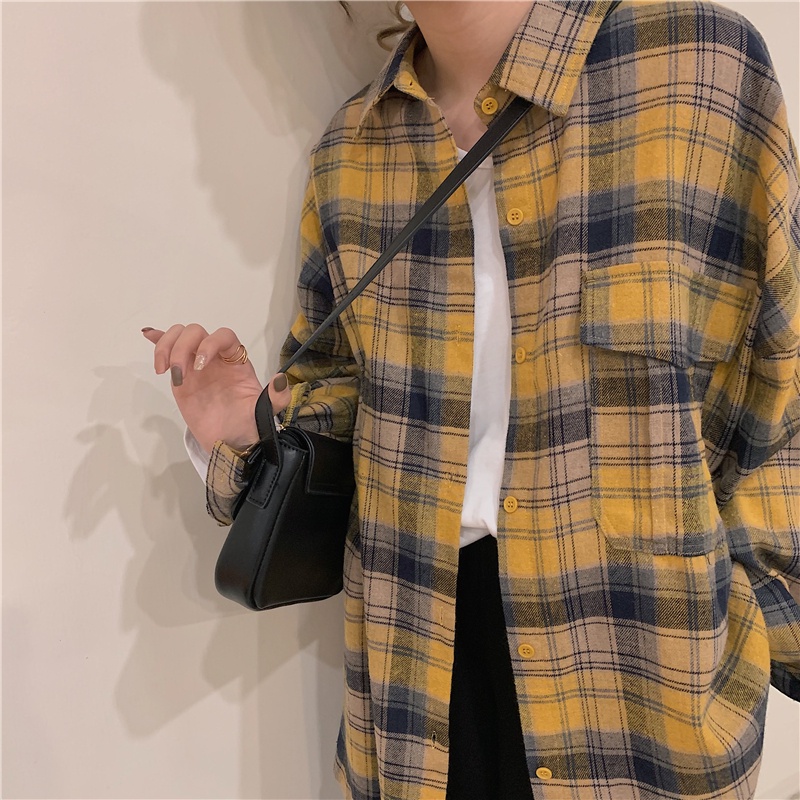 SUXI Áo Sơ Mi Caro Tay Dài Dáng Rộng Phong Cách Retro Cho Nữ