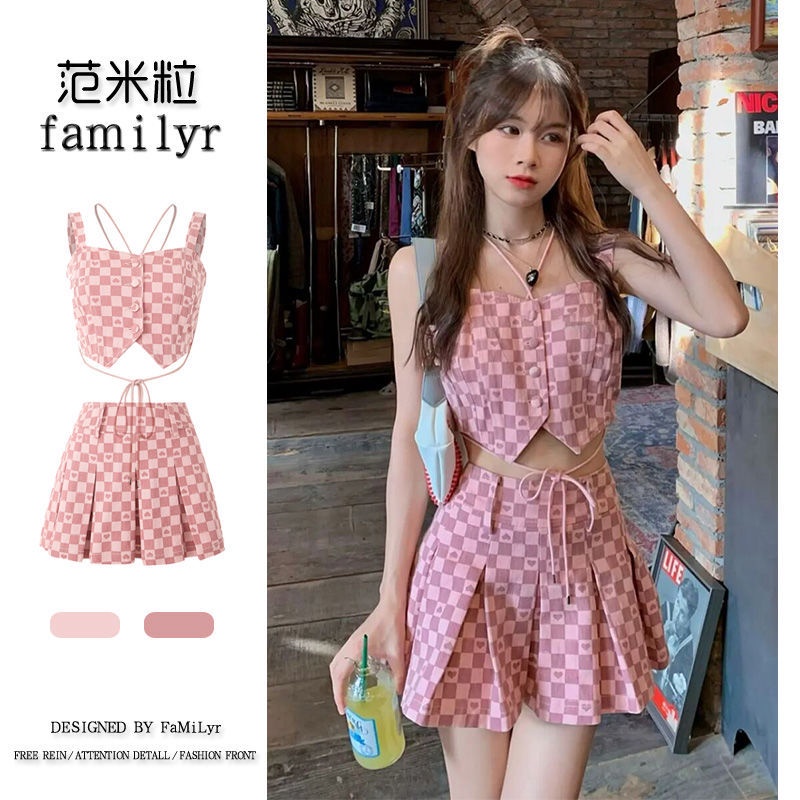 Bộ Áo Hai Dây + Chân Váy Xếp Ly Eo Cao Ôm Dáng Phong Cách Ngọt Ngào Mùa Hè Mới Cho Nữ